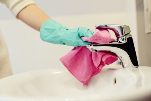 Busy commercial cleaning in Soho street setting